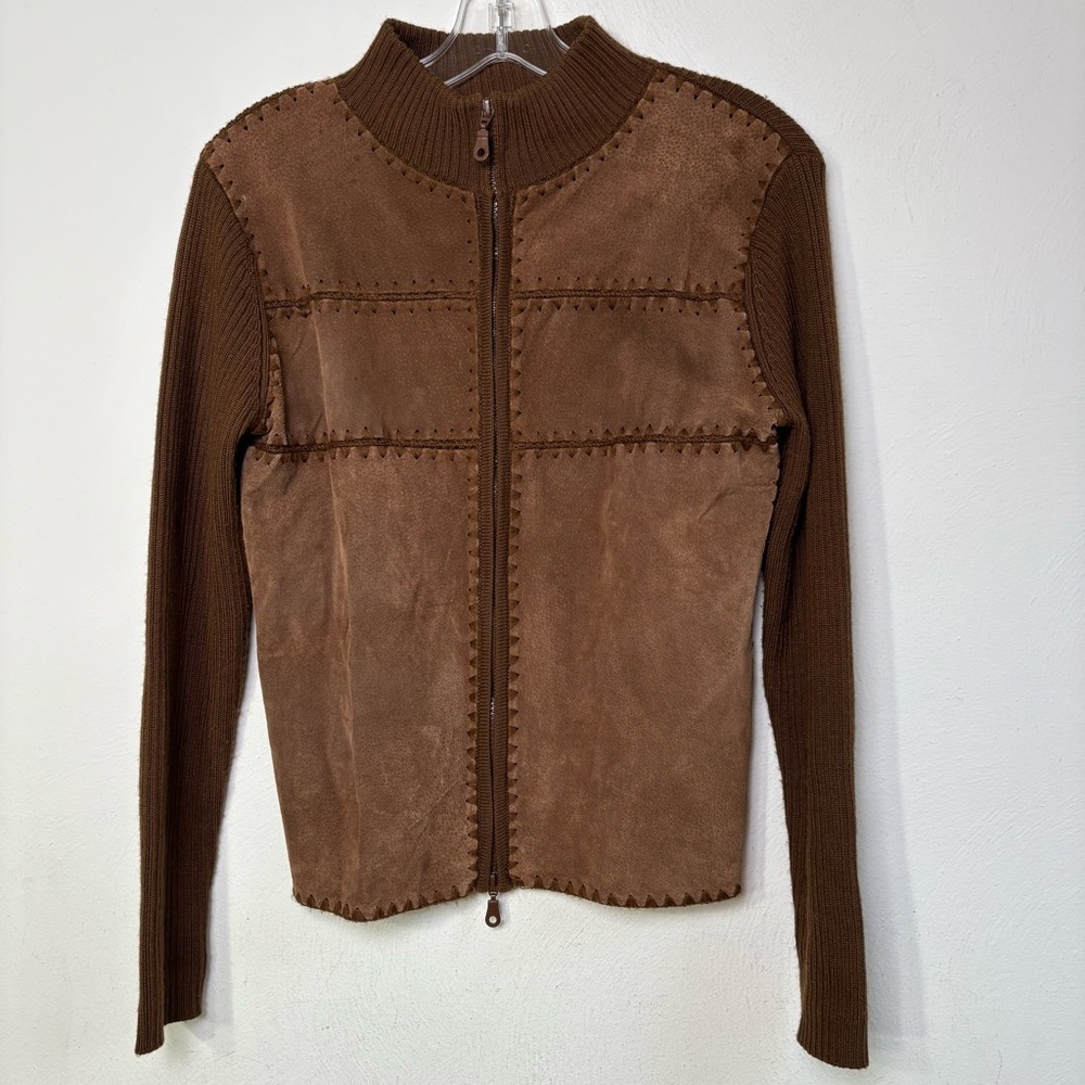 Vintage Wool Blend Suede Leather Patchwork Zip Cardigan Jacket Sweater Boho 70s - Picture 2 of 16